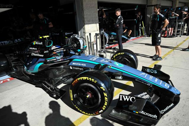 Mercedes' Italian driver Kimi Antonelli pulls out of his garage during the second practice session for the United States Formula One Grand Prix at the Circuit of the Americas in Austin, Texas, on October 23, 2026. (Photo by RONALDO SCHEMIDT / AFP)