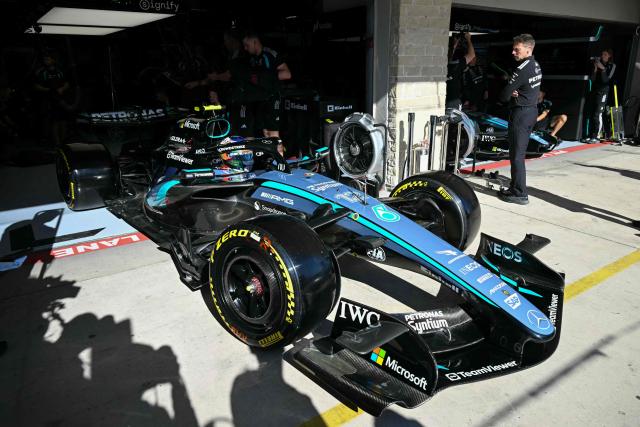Mercedes' Italian driver Kimi Antonelli pulls out of his garage during the second practice session for the United States Formula One Grand Prix at the Circuit of the Americas in Austin, Texas, on October 23, 2026. (Photo by RONALDO SCHEMIDT / AFP)