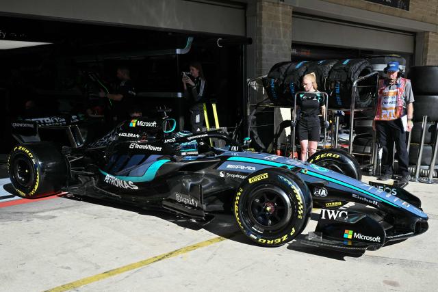 Mercedes' British driver George Russell exits his garage during the second practice session for the United States Formula One Grand Prix at the Circuit of the Americas in Austin, Texas, on October 23, 2026. (Photo by RONALDO SCHEMIDT / AFP)