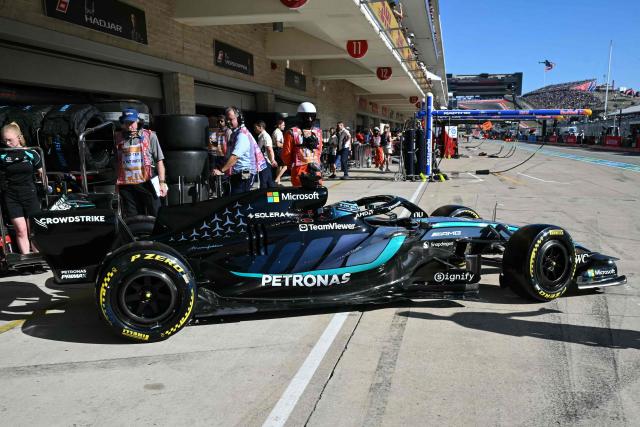 Mercedes' British driver George Russell exits his garage during the second practice session for the United States Formula One Grand Prix at the Circuit of the Americas in Austin, Texas, on October 23, 2026. (Photo by RONALDO SCHEMIDT / AFP)