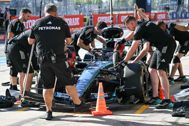Mercedes' Italian driver Kimi Antonelli stops in pit lane during the second practice session for the United States Formula One Grand Prix at the Circuit of the Americas in Austin, Texas, on October 23, 2026. (Photo by RONALDO SCHEMIDT / AFP)