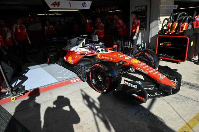 Ferrari's British driver Lewis Hamilton pulls out of his garage during the second practice session for the United States Formula One Grand Prix at the Circuit of the Americas in Austin, Texas, on October 23, 2026. (Photo by RONALDO SCHEMIDT / AFP)