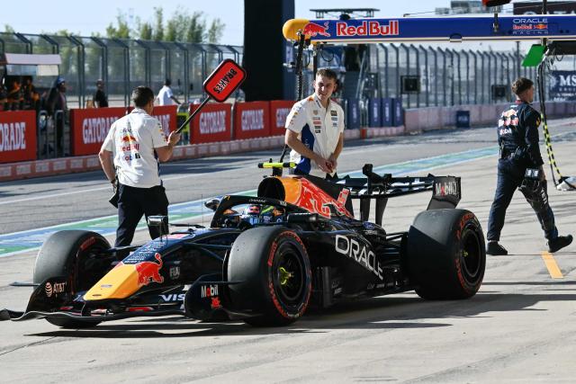 Red Bull Racing's French driver Isack Hadjar stops in pit lane during the second practice session for the United States Formula One Grand Prix at the Circuit of the Americas in Austin, Texas, on October 23, 2026. (Photo by RONALDO SCHEMIDT / AFP)