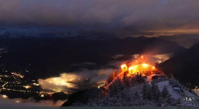 TOPSHOT - Video grab taken from the webcam of the mountain guesthouse Kehlsteinhaus, known as the Eagle's Nest, formerly Adolf Hitler's mountain retreat, on early October 24, 2026, after a large fire had broken out at the site located at an altitude of 1,834 metres (6,000 feet) in the mountains over Berchtesgaden, in the southern German state of Bavaria. Emergency services arrived on site on late October 23, 2026 and found a large fire. German police said on October 24, 2026 they have detained a suspect following a fire at Adolf Hitler's mountain retreat, known as the Eagle's Nest. (Photo by Berchtesgaden / AFP)