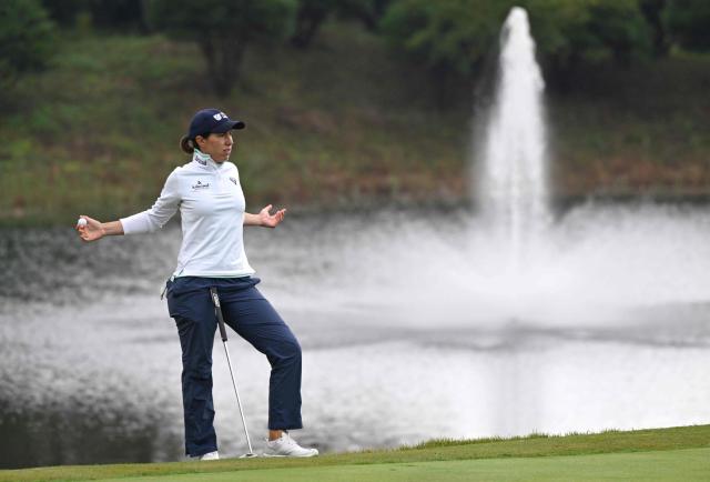 Carlota Ciganda of Spain reacts as she waits her turn on the 4th green during the third round of the LPGA Tour - BMW Ladies Championship golf tournament at Pine Beach Golf Links in Haenam on October 24, 2026. (Photo by Jung Yeon-je / AFP)