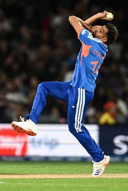 India's Prince Yadav bowls during the second Twenty20 international cricket match between New Zealand and India at Hagley Oval in Christchurch on October 24, 2026. (Photo by Sanka VIDANAGAMA / AFP)