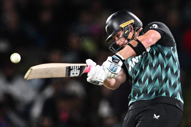 New Zealand's Glenn Phillips plays a shot during the second Twenty20 international cricket match between New Zealand and India at Hagley Oval in Christchurch on October 24, 2026. (Photo by Sanka VIDANAGAMA / AFP)