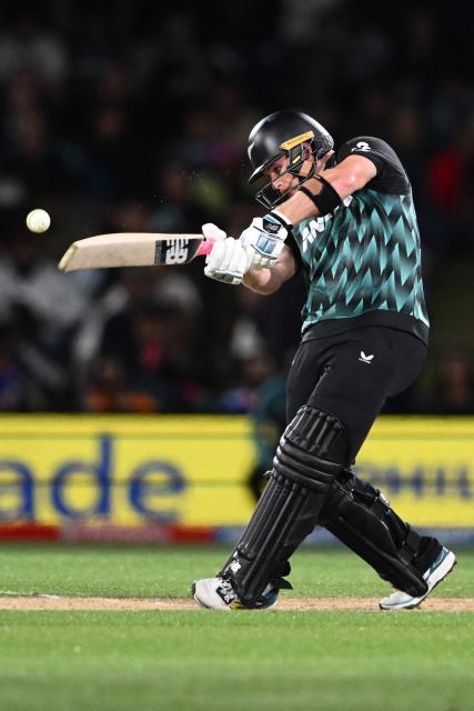 New Zealand's Glenn Phillips plays a shot during the second Twenty20 international cricket match between New Zealand and India at Hagley Oval in Christchurch on October 24, 2026. (Photo by Sanka VIDANAGAMA / AFP)