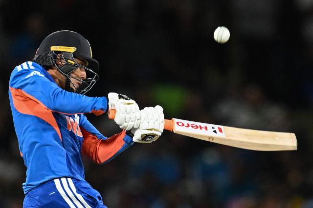 India's Abhishek Sharma plays a shot during the second Twenty20 international cricket match between New Zealand and India at Hagley Oval in Christchurch on October 24, 2026. (Photo by Sanka VIDANAGAMA / AFP)