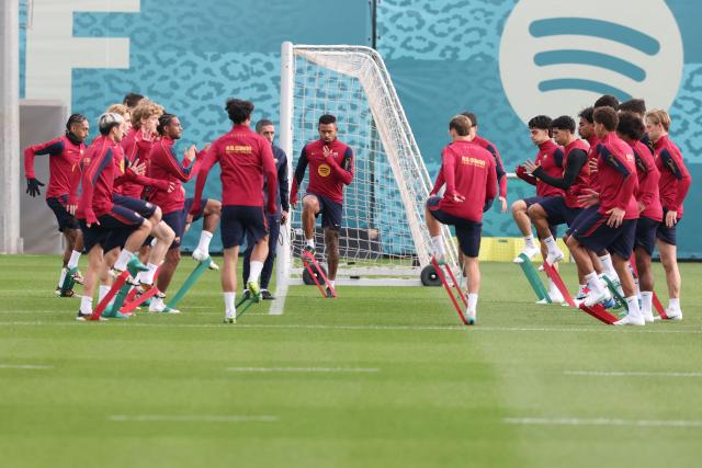 Barcelona players attend a training session on the eve of their Spanish league "Clasico" football match against Real Madrid CF at the Joan Gamper training ground in Sant Joan Despi, near Barcelona, on October 24, 2026 (Photo by Lluis GENE / AFP)
