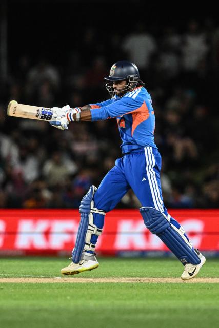 India's Tilak Varma plays a shot during the second Twenty20 international cricket match between New Zealand and India at Hagley Oval in Christchurch on October 24, 2026. (Photo by Sanka VIDANAGAMA / AFP)