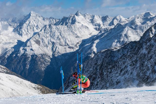 Switzerland's Corinne Suter competes during the first run of the Giant Slalom competition of the Alpine World Cup in Soelden, on October 24, 2026. (Photo by Johann GRODER / various sources / AFP) / Austria OUT