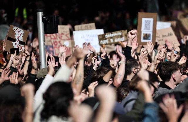 Protesters take part in a demonstration in favor of purchasing power, the protection of public services, and fiscal and social justice, in Marseille, southeastern France on October 24, 2026 as part of a nationwide call for mobilisation bringing together former members of the Yellow Vest movement, labor unions, high school and university students. Protests by high school students over learning conditions sparked a movement that has since spread nationwide, fuelled by broader anger over the rising cost of living. About 70,000 security personnel will be deployed on October 24, 2026, Interior Minister said at a news conference, warning that calls for violence and looting were circulating on social media. (Photo by Thibaud MORITZ / AFP)