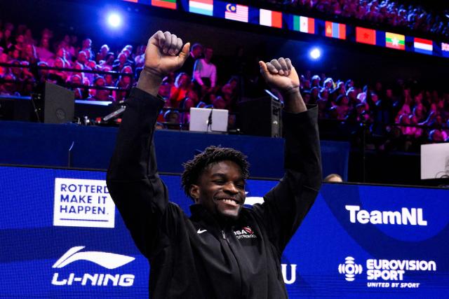 US' Frederick Richard celebrates after winning the Men's Floor Exercise Final during the 54th FIG Artistic Gymnastics World Championships, in Rotterdam, southern Netherlands, on October 24, 2026. (Photo by JOHN THYS / AFP)