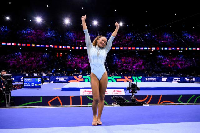 Brazil's Rebeca Andrade celebrates after winning the Women's Vault Final during the 54th FIG Artistic Gymnastics World Championships, in Rotterdam, southern Netherlands, on October 24, 2026. (Photo by JOHN THYS / AFP)