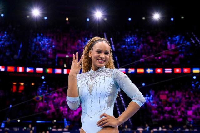 Brazil's Rebeca Andrade celebrates after winning the Women's Vault Final during the 54th FIG Artistic Gymnastics World Championships, in Rotterdam, southern Netherlands, on October 24, 2026. (Photo by JOHN THYS / AFP)