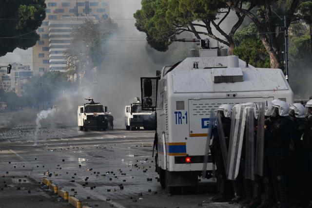 Riot police operates to disperse protesters during a national anti-government demonstration - called by the student-led protest movement to demand better support for education and prime minister's resignation, in central Tirana on October 24, 2026. (Photo by Armend NIMANI / AFP)