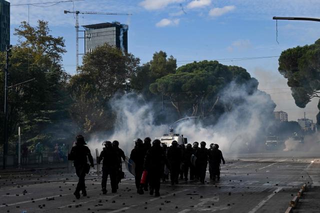 Riot police operates to disperse protesters during a national anti-government demonstration - called by the student-led protest movement to demand better support for education and prime minister's resignation, in central Tirana on October 24, 2026. (Photo by Armend NIMANI / AFP)