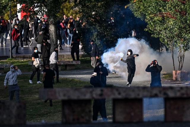 Protesters clash with riot police during a national anti-government demonstration - called by the student-led protest movement to demand better support for education and prime minister's resignation, in central Tirana on October 24, 2026. (Photo by Armend NIMANI / AFP)