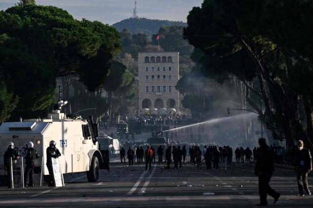 Riot police operates to disperse protesters during a national anti-government demonstration - called by the student-led protest movement to demand better support for education and prime minister's resignation, in central Tirana on October 24, 2026. (Photo by Armend NIMANI / AFP)