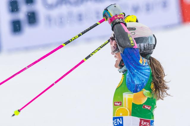 USA's Paula Moltzan reacts after competing in the Giant Slalom competition of the Alpine World Cup in Soelden, on October 24, 2026. USA's Paula Moltzan won the event ahead of Albania's Lara Colturi (2nd) and Germany's Emma Aicher (3rd). (Photo by EXPA/ JOHANN GRODER / various sources / AFP) / Austria OUT