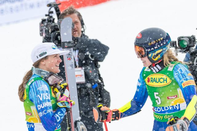 USA's Paula Moltzan (L) and USA's Mikaela Shiffrin react after the second run of the Giant Slalom competition of the Alpine World Cup in Soelden, on October 24, 2026. (Photo by EXPA/ JOHANN GRODER / various sources / AFP) / Austria OUT