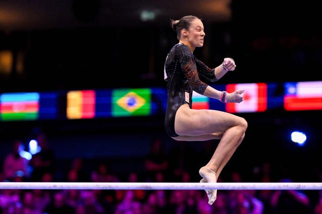 Netherlands's Naomi Visser competes in the Women's Uneven Bars Final during the 54th FIG Artistic Gymnastics World Championships, in Rotterdam, southern Netherlands, on October 24, 2026. (Photo by JOHN THYS / AFP)