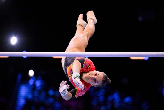 Germany's Helen Kevric competes in the Women's Uneven Bars Final during the 54th FIG Artistic Gymnastics World Championships, in Rotterdam, southern Netherlands, on October 24, 2026. (Photo by JOHN THYS / AFP)
