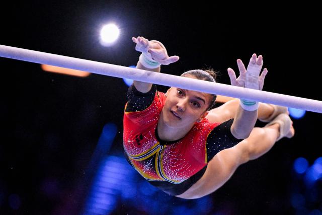 Germany's Helen Kevric competes in the Women's Uneven Bars Final during the 54th FIG Artistic Gymnastics World Championships, in Rotterdam, southern Netherlands, on October 24, 2026. (Photo by JOHN THYS / AFP)