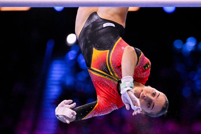 Germany's Helen Kevric competes in the Women's Uneven Bars Final during the 54th FIG Artistic Gymnastics World Championships, in Rotterdam, southern Netherlands, on October 24, 2026. (Photo by JOHN THYS / AFP)