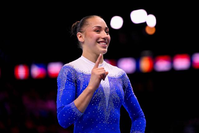 Algeria's Kaylia Nemour celebrates after winning the Women's Uneven Bars Final during the 54th FIG Artistic Gymnastics World Championships, in Rotterdam, southern Netherlands, on October 24, 2026. (Photo by JOHN THYS / AFP)