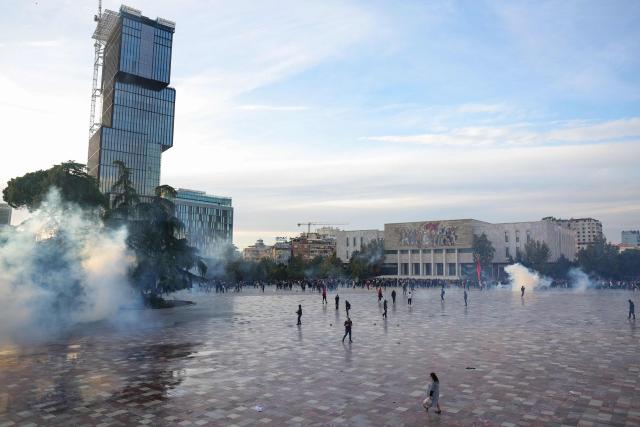 Protesters clash with riot police during a national anti-government demonstration - called by the student-led protest movement to demand better support for education and prime minister's resignation, in central Tirana on October 24, 2026. (Photo by Adnan Beci / AFP)
