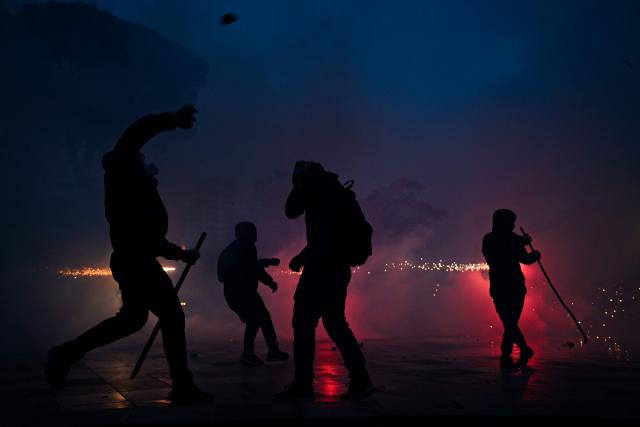 Protesters clash with riot police during a national anti-government demonstration - called by the student-led protest movement to demand better support for education and prime minister's resignation, in central Tirana on October 24, 2026. (Photo by Armend NIMANI / AFP)