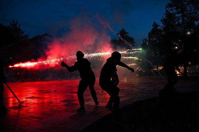 Protesters clash with riot police during a national anti-government demonstration - called by the student-led protest movement to demand better support for education and prime minister's resignation, in central Tirana on October 24, 2026. (Photo by Armend NIMANI / AFP)