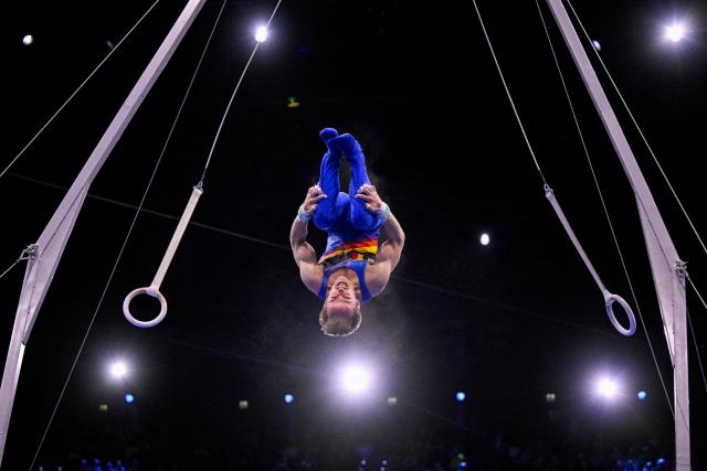 Belgium's Glen Cuyle competes in the Men's Rings Final during the 54th FIG Artistic Gymnastics World Championships, in Rotterdam, southern Netherlands, on October 24, 2026. (Photo by JOHN THYS / AFP)