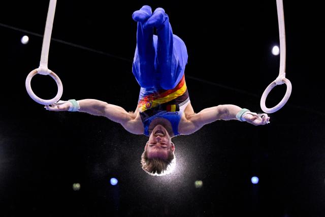 Belgium's Glen Cuyle competes in the Men's Rings Final during the 54th FIG Artistic Gymnastics World Championships, in Rotterdam, southern Netherlands, on October 24, 2026. (Photo by JOHN THYS / AFP)