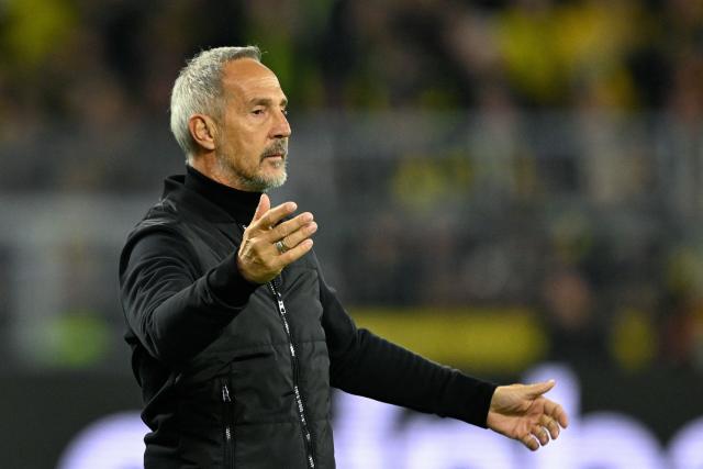 Frankfurt's Austrian head coach Adi Huetter reacts from the sidelines during the German first division Bundesliga football match between BVB Borussia Dortmund and Eintracht Frankfurt in Dortmund, western Germany on October 24, 2026. (Photo by INA FASSBENDER / AFP) / DFL REGULATIONS PROHIBIT ANY USE OF PHOTOGRAPHS AS IMAGE SEQUENCES AND/OR QUASI-VIDEO