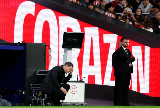 Atletico Madrid's Argentine coach Diego Simeone reacts during the Spanish league football match between Club Atletico de Madrid and RC Deportivo de la Coruna at Metropolitano Stadium in Madrid on October 24, 2026. (Photo by Oscar DEL POZO / AFP)