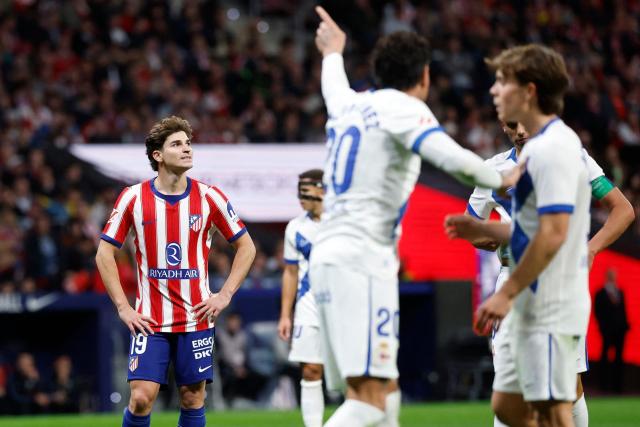 Atletico Madrid's Argentine forward #19 Julian Alvarez reacts during the Spanish league football match between Club Atletico de Madrid and RC Deportivo de la Coruna at Metropolitano Stadium in Madrid on October 24, 2026. (Photo by Oscar DEL POZO / AFP)