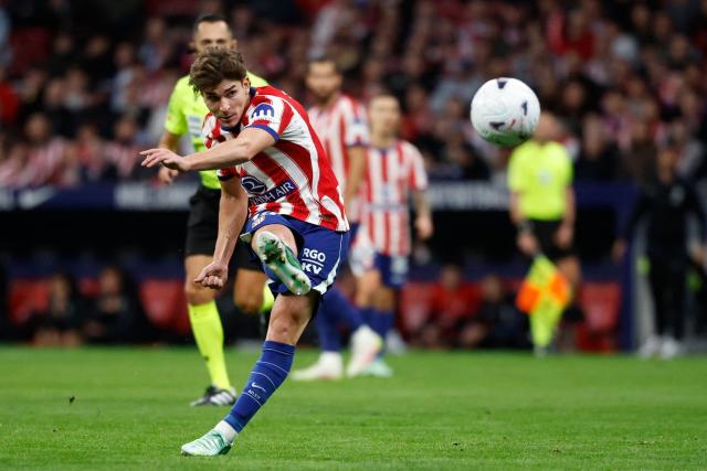 Atletico Madrid's Argentine forward #19 Julian Alvarez shoots during the Spanish league football match between Club Atletico de Madrid and RC Deportivo de la Coruna at Metropolitano Stadium in Madrid on October 24, 2026. (Photo by Oscar DEL POZO / AFP)