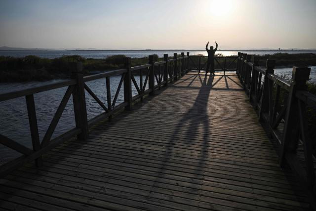 A man practices tai chi in Dandong, in northeastern China's Liaoning province, next to the new cross-border bridge linking China and North Korea at sunrise on October 25, 2026. North Korean leader Kim Jong Un returned home October 24 after a day-long trip to the Chinese border city of Dandong, Beijing's state media reported, though the purpose of the unannounced visit was not immediately clear. (Photo by Pedro PARDO / AFP)