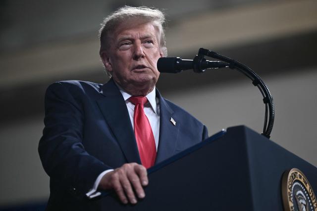 US President Donald Trump speaks at a midterm election campaign rally at Guardian Centers of Georgia in Perry, Georgia on October 24, 2026. President Trump is traveling around the country to try to give a boost to Republicans in tight midterm races. (Photo by Brendan SMIALOWSKI / AFP)