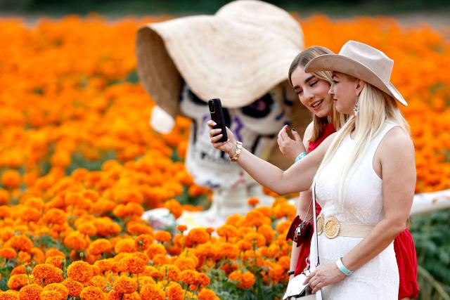 Women pose for pictures at a field of cempasuchil (marigold) flowers during preparations for the Day of the Dead celebration at Rancho San Juan Diego, in Tlajomulco de Zuniga, Jalisco, Mexico on October 24, 2026. On November 2, Mexico celebrates the Day of the Dead to pay tribute to deceased family members and friends. (Photo by ULISES RUIZ / AFP)