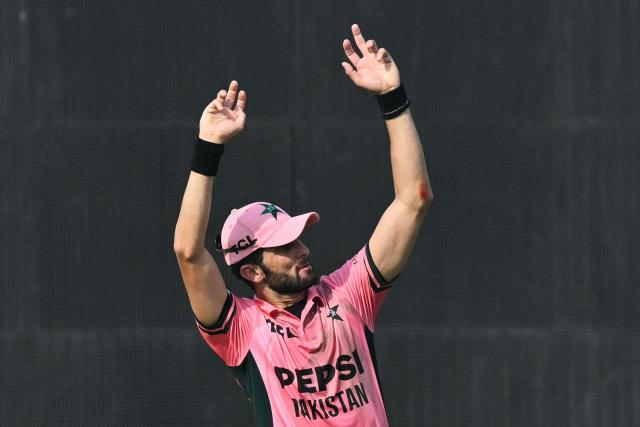 Pakistan's captain Shaheen Shah Afridi gestures during the one-day international (ODI) tri-series cricket match between Pakistan and England at the Gaddafi Stadium in Lahore on October 25, 2026. (Photo by ARIF ALI / AFP)