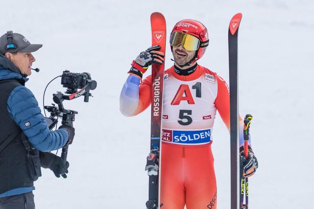 Switzerland's Loic Meillard reacts after the second run of the men's Giant Slalom competition of the Alpine World Cup in Soelden, on October 25, 2026. (Photo by Johann GRODER / various sources / AFP) / Austria OUT
