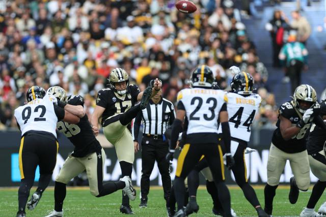 New Orleans Saints' US Punter #17 Ryan Wright (C) kicks the ball during the NFL Paris Game American football match between the Pittsburgh Steelers and the New Orleans Saints at the Stade de France in Saint-Denis, near Paris on October 25, 2026, the first-ever regular-season NFL game to be played in France. (Photo by FRANCK FIFE / AFP)