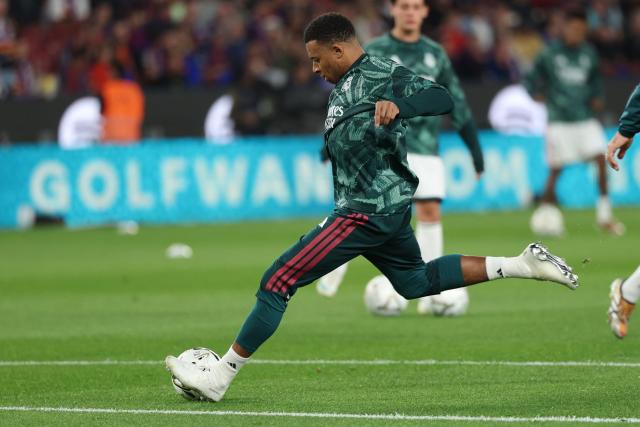 Real Madrid's French forward #10 Kylian Mbappe kicks the ball during the warmup before the Spanish league football match between FC Barcelona and Real Madrid CF at Camp Nou Stadium in Barcelona on October 25, 2026. (Photo by Lluis GENE / AFP)