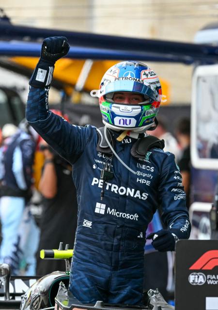 Mercedes' Italian driver Kimi Antonelli celebrates after winning the United States Formula One Grand Prix at the Circuit of the Americas in Austin, Texas, on October 25, 2026. (Photo by RONALDO SCHEMIDT / AFP)