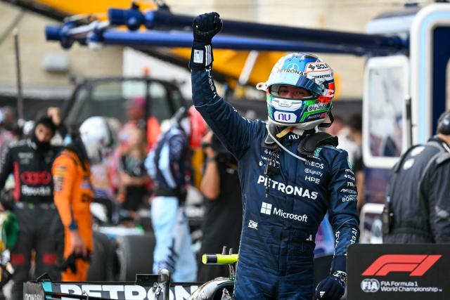 Mercedes' Italian driver Kimi Antonelli celebrates after winning the United States Formula One Grand Prix at the Circuit of the Americas in Austin, Texas, on October 25, 2026. (Photo by RONALDO SCHEMIDT / AFP)