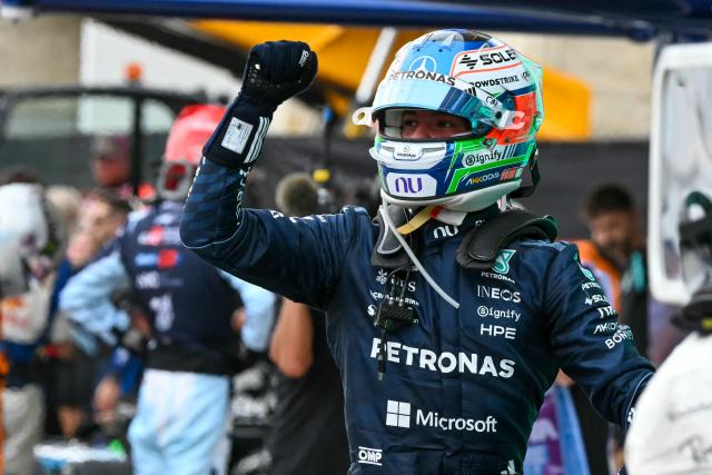 Mercedes' Italian driver Kimi Antonelli celebrates after winning the United States Formula One Grand Prix at the Circuit of the Americas in Austin, Texas, on October 25, 2026. (Photo by RONALDO SCHEMIDT / AFP)